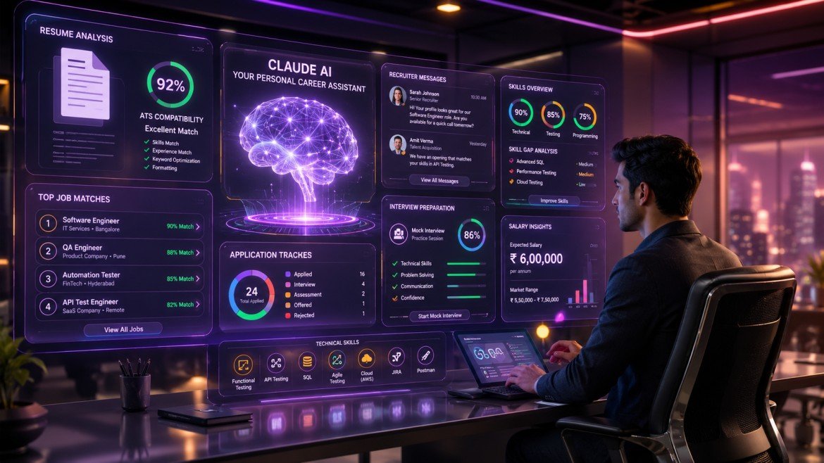 AI career command center featuring resume analysis, ATS matching, recruiter outreach, job tracking, and mock interview visualization